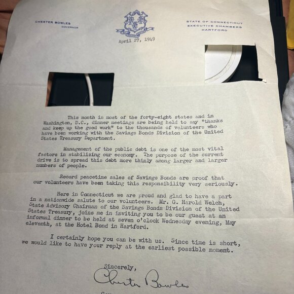 Chester Bowles Signed Autograph Letter 1949 – Governor Connecticut - Historic - Picture 1 of 1
